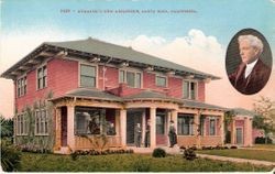 Burbank's 'new' residence in Santa Rosa with Burbank on front porch facing the street with hat and his wife and two unidentified men