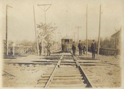 P&SR Railway passenger car on the P &SR-California Northwestern tracks crossover on Sebastopol Road, March 2, 1905