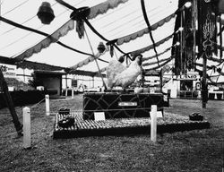 Gravenstein Apple Show, about 1930, with a display of a large chicken made of sliced apples and labeled "Cock a Doodle Doo"