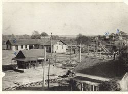 Original P&SR depot, the stone powerhouse that ran the trains, home on corner of Eleanor and Fannen Streets and the first Post Office of Sebastopol, 1905