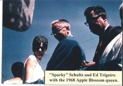 Charles M. "Sparky" Schulz, middle with Ed Trigeiro right and Kathy Trigiero, the 1968 Apple Blossom Queen