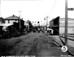 Bodega Avenue looking east to Main Street Sebastopol in 1911 with banners are hung across the street in celebration of the 1911 Gravenstein Apple Fair