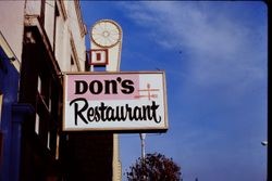 Don's Restaurant overhang sign on the west side of South Main Street in Sebastopol, California, February 1977
