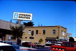 Imperial Savings Bank and Pease Pharmacy on the corner of Bodega Avenue and Main Street, July 1976