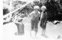 Three of the Elvy children playing in a creek on the Bonham Ranch, 1930s