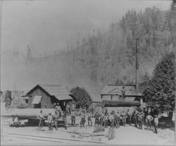 Work crew standing in front of two rail cars loaded with redwood timbers at Riley Mill, Monte Rio, 1890