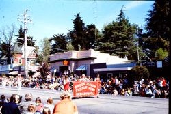 Brookhaven Junior High marching band in the Apple Blossom Parade, Sebastopol, California, 1970s