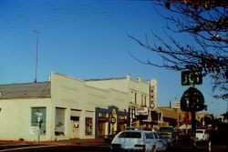 View north on South Main Street in Sebastopol, California, at the corner of Burnett Street