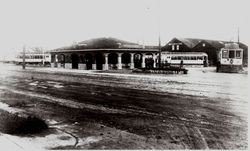 Electric cars at Depot of the Petaluma & Santa Rosa Railway (P&SR), about 1920s