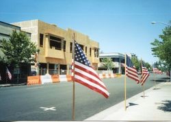 American flags line South Main Street of Sebastopol, California, near the West County Museum, 2002