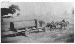 Atterbury truck carrying huge cut timber with four horses helping to pull the load on the up grade from Scotty Creek near Thorpe's Sawmill--Buckhorn Ranch, early 1920s