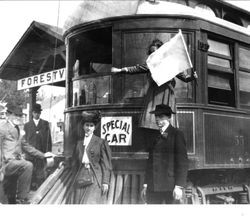 McNear family and officials at the opening of the Petaluma and Santa Rosa (P&SR) in Forestville, about 1905