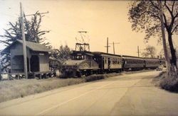 Final run of the P&SR passenger train at the Bassett Station (close to Fredericks Road) south of Sebastopol on April 6, 1941