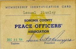 Sebastopol Police Officer Lemuel "Shorty" Plumley's membership ID card for Sonoma County Peace Officer's Association