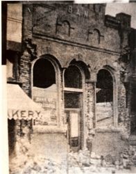 Bank of Sebastopol building next to bakery on Main Street, Sebastopol (possibly after 1906 Earthquake--rubble and broken windows.)