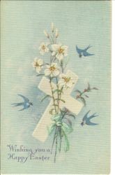 Easter greeting with bluebirds and cross