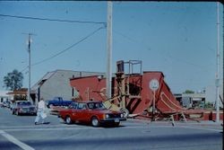 Building being torn down at corner of Burnett Street and South Main Street, Sebastopol, California, 1979