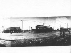 Panoramic street scene in front of the P&SR electric station in Sebastopol, 1910