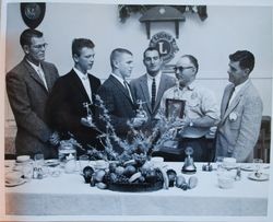 Sebastopol Lions Club football awards dinner with Coach Wally Barnard, Jeff Nelson, Al Rabinovitz, Ed Gonsalves and two unidentified men, about 1955