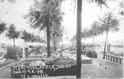1912 Gravenstein Apple Show display of the sinking Titanic and an iceberg made of whole and dried sliced apples in a square pool of water