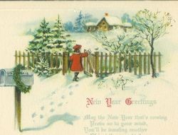 New Year's message with design of winter scene with girl in red coat walking through gate to house