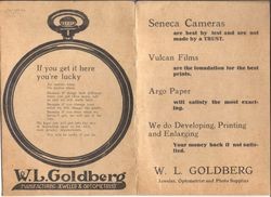 Photographic negative envelope for W. L. Goldberg, Manufacturing Jeweler & Optometrist, submitted by J. F. Trigg