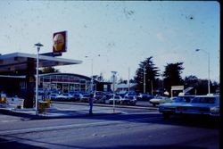 Shell station (previous site of the Opera House demolished in the 1906 earthquake) and Sprouse-Reitz store (current site of the RiteAid Store), about 1970s on the east side of North Main Street