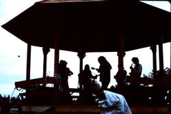 Gazebo at Brookhaven Park in Sebastopol with a group of musicians playing, 1976