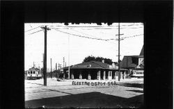 P&SR Electric depot station and Congregational Church on South Main Street, Sebastopol, about 1918