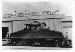 William Elsworth Park is operating 500-horsepower electric freight engine No. 506 of the Petaluma & Santa Rosa Railroad