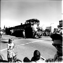 1978 Apple Blossom Parade Sebastopol showing the decorated Train Down Main at the corner of Main Street and Bodega Avenue