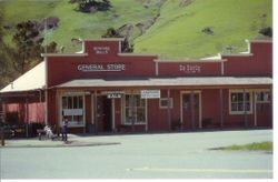 Storefronts in Duncans Mills, California, for the General Store and De Carly store, about 1983