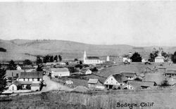 Panorama postcard photo of the town of Bodega, about 1930