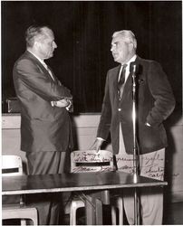 Right- George Streckfus, Mayor of Sebastopol and left U.S. Senator William Knowland in Sebastopol, September,1957