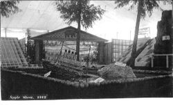 Sebastopol's Gravenstein Apple Show display of the sinking of the Titanic with an iceberg made of apples and sign "W.S. Liddle" on the iceberg