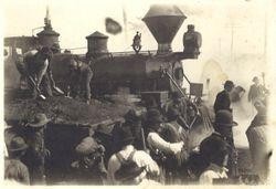 Petaluma & Santa Rosa Railway workers attempted to install crossover rails while California Northwestern men shovel dirt and rocks on top of them to stop their work during the Battle of Sebastopol Avenue, March 1, 1905 between the electric Petaluma & Santa Rosa Railway and the steam California Northwestern (CNW) railroad right-of-way