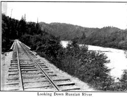 Looking down Russian River, from postcard booklet of Monte Rio on the Russian River, California, about 1900