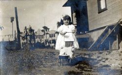 Alvina Amelia Smith Dohm Garceau with Sebastopol High School behind home at 482 Bonnardel, Sebastopol, California, about 1912