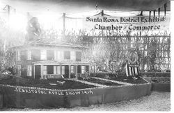 1915 Gravenstein Apple Show Santa Rosa District exhibit entered by the Santa Rosa Chamber of Commerce of Luther Burbank's home in Santa Rosa in miniature and made of apples