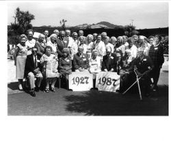 Analy High School Class of 1927 60th reunion in 1987, possibly at the El Rancho Hotel in Santa Rosa, California