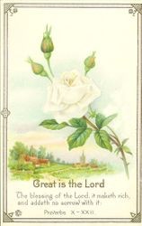 Christian message with scene of white rose with church and house in countryside in background