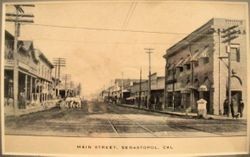 Downtown Sebastopol, about 1910, looking north on North Main Street, with the P&SR Railway tracks and the Women's Christian Temperance Union water fountain