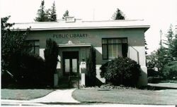 Front view of the Sebastopol Carnegie library at 7140 Bodega Highway, corner of Bodega and N. High Street