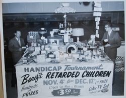 Sebastopol Lions Club prizes for bowling tourney at L&L Lanes in Sebastopol with Glenn Klineman and Phil Wetch, about 1960