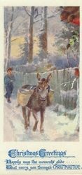 Christmas message with scene of wooded path with boy following donkey