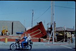 Building being torn down at corner of Burnett Street and South Main Street, Sebastopol, California, 1979