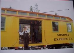 Restored Petaluma & Santa Rosa Railway boxcar in the Apple Blossom Parade, Sebastopol April 15, 2000