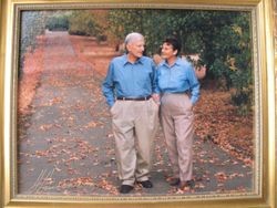 Harvey Henningsen photo of Donald O. Hallberg and his wife Marcia N. Hallberg taken in their driveway at 2597 Gravenstein Highway North, Sebastopol, California, November 1999