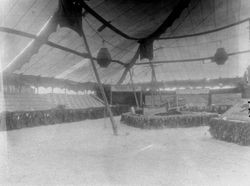 1930s Gravenstein Apple Show with displays of apples for "Russian River Guerneville Park--Guerneville--Rio Nido," a display of a bi-plane, a sign of the "US Department of Agriculture" and the County of Sonoma