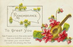 Greeting card with message, "Remembrance To greet You" and shamrocks and violets surrounding picture of a mandolin